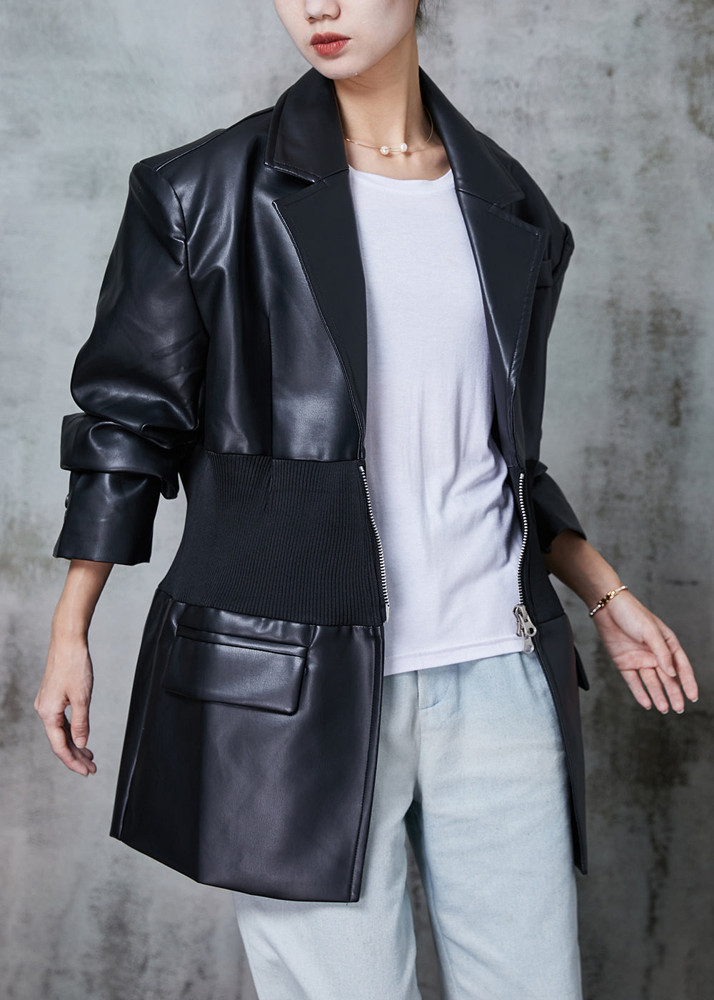 WW | Black Elastic Waist Patchwork Faux Leather Coats