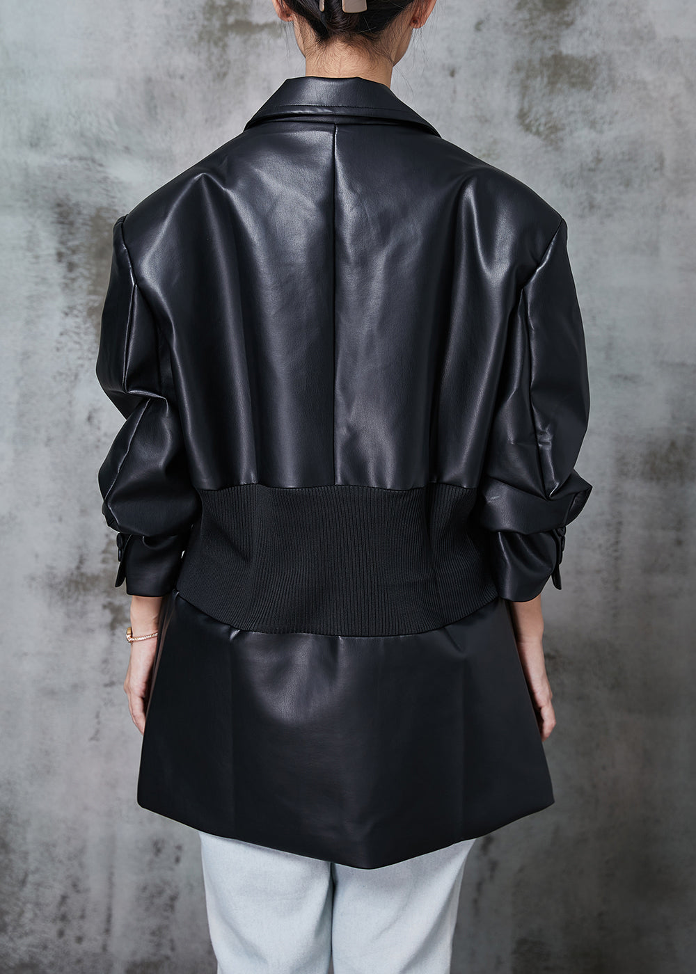 WW | Black Elastic Waist Patchwork Faux Leather Coats
