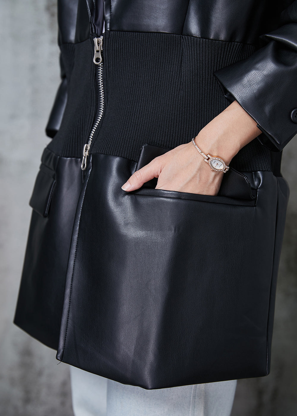 WW | Black Elastic Waist Patchwork Faux Leather Coats