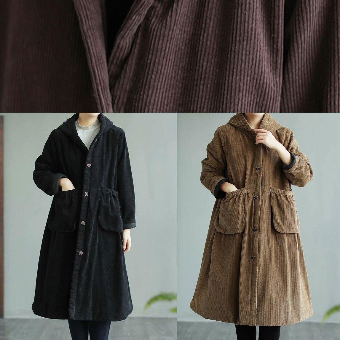 WW | Schwarzer feiner Maxi-Mantel mit Kapuze Taschen Damenmäntel