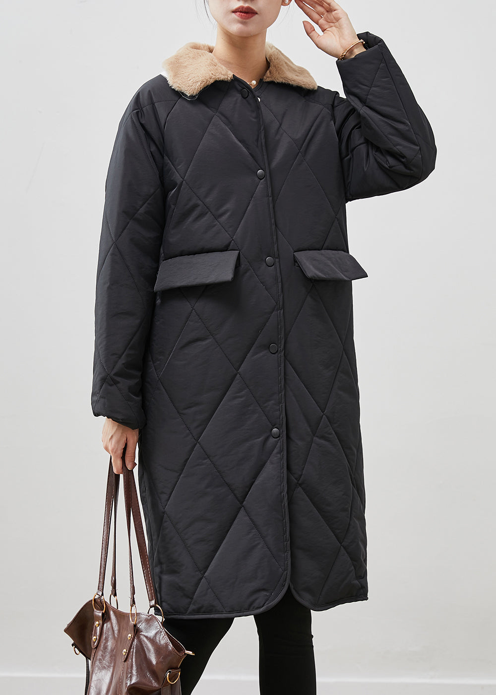 WW | Black Peter Pan Collar Pockets Duck Feathers Puffer Jackets Winter