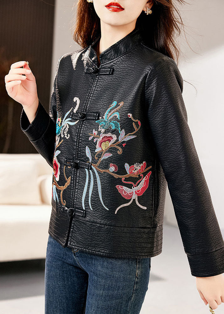 WW | Black Stand Collar Embroidered Floral Faux Leather Coats Long Sleeves