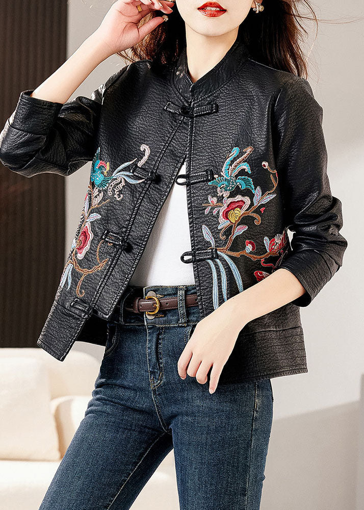 WW | Black Stand Collar Embroidered Floral Faux Leather Coats Long Sleeves