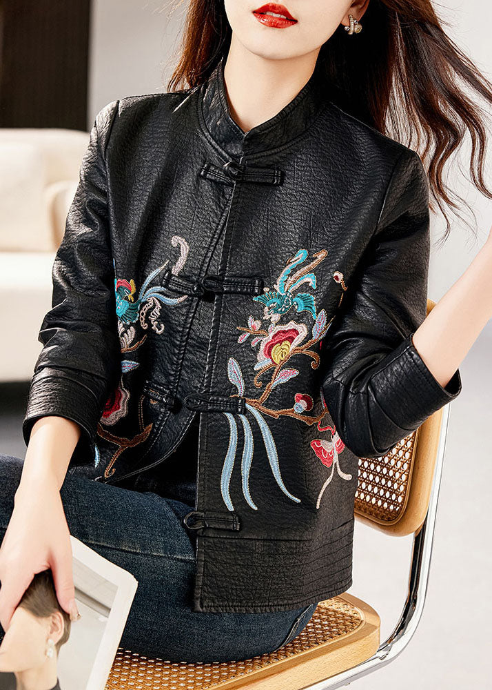 WW | Black Stand Collar Embroidered Floral Faux Leather Coats Long Sleeves