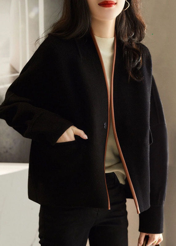 WW | Black V-neck Patchwork Mixed Button Coat