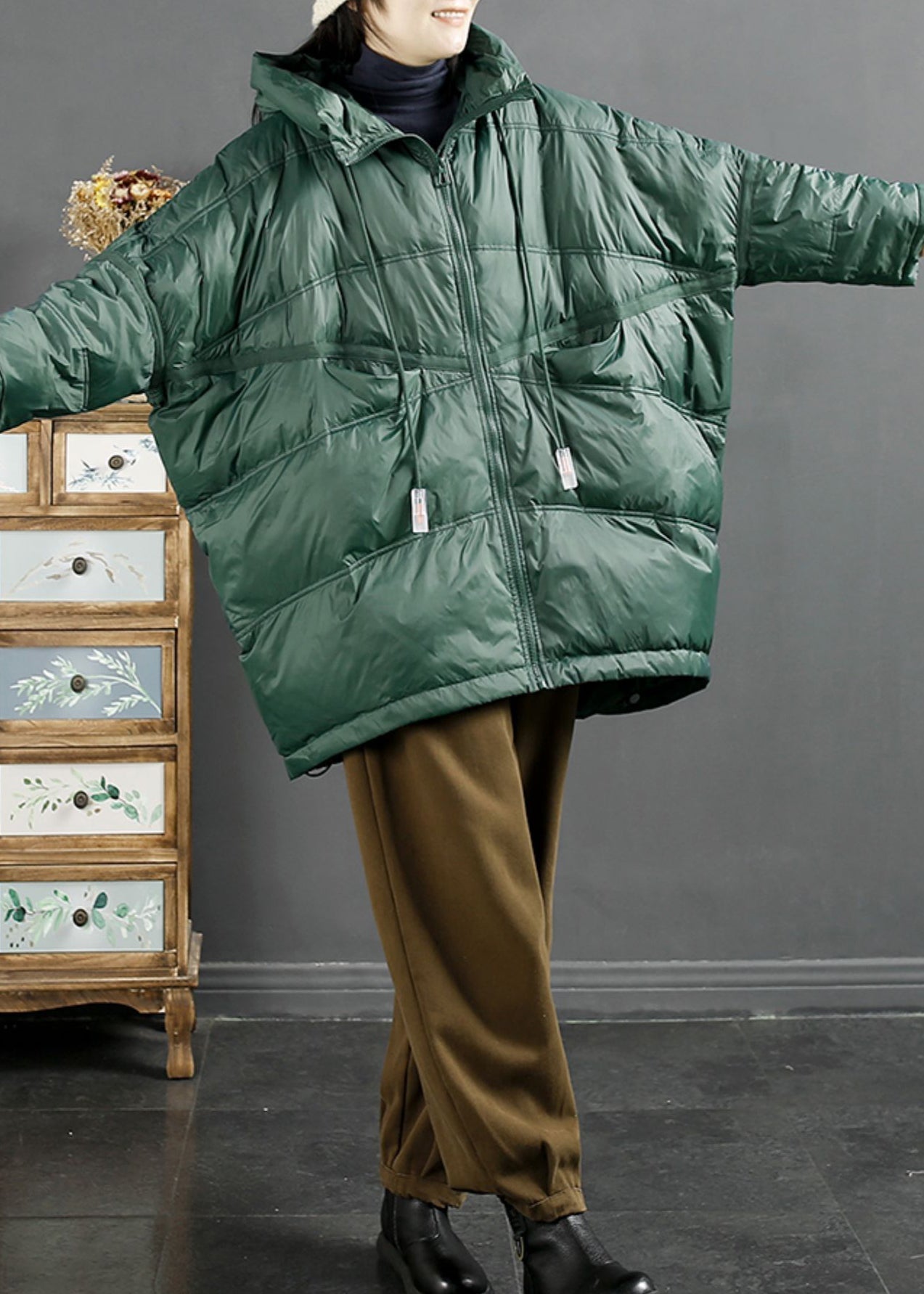 WW | Schwarzgrüne Zip-Up Kordelzug Enten Daunenjacken Winter