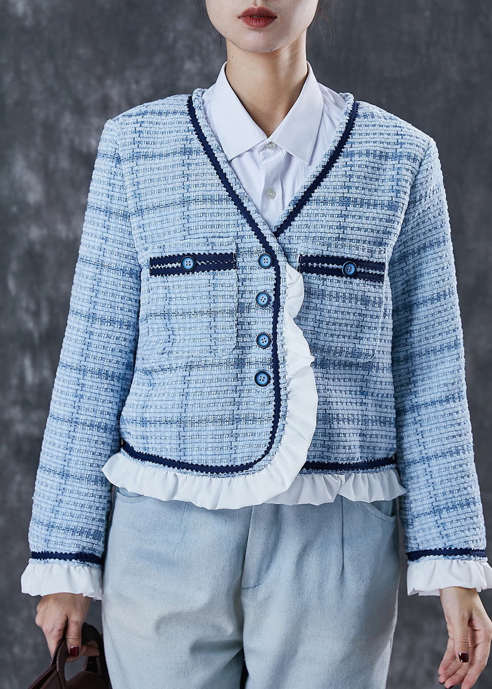 WW | Blue Ruffle Shirt Patchwork Cotton Coats