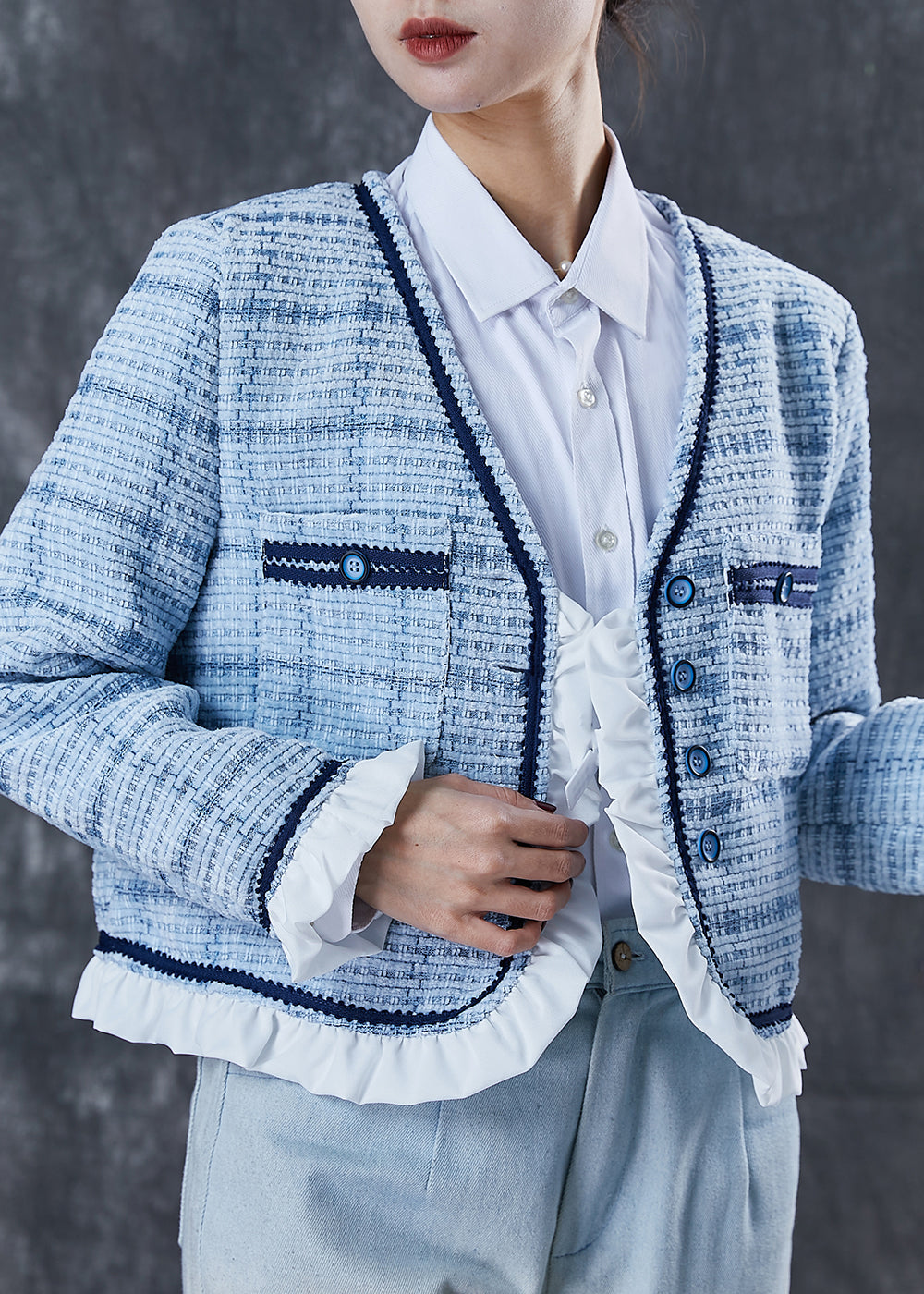 WW | Blue Ruffle Shirt Patchwork Cotton Coats