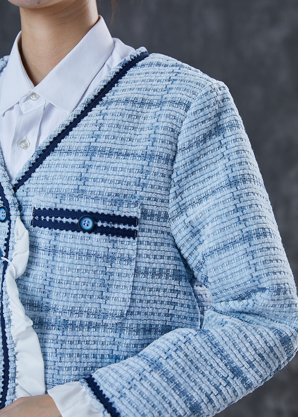 WW | Blaue Rüschenshirt-Patchwork-Baumwollmäntel
