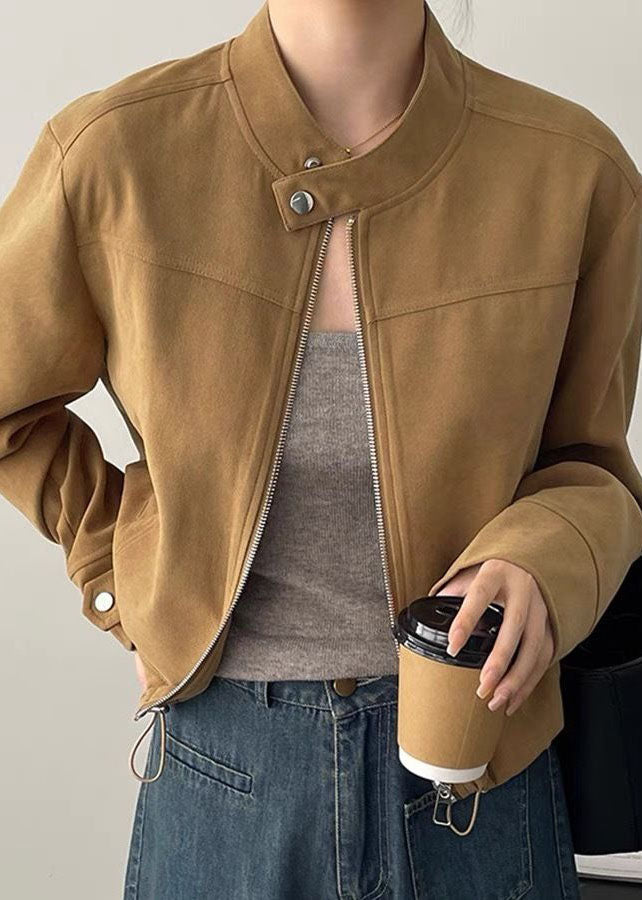 WW | Brown Scoop Neck Zipper Button Coats