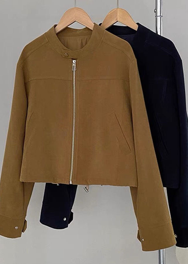 WW | Brown Scoop Neck Zipper Button Coats