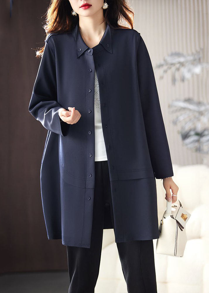 WW | Navy Blue Peter Pan Collar Button Patchwork Coats Long Sleeves