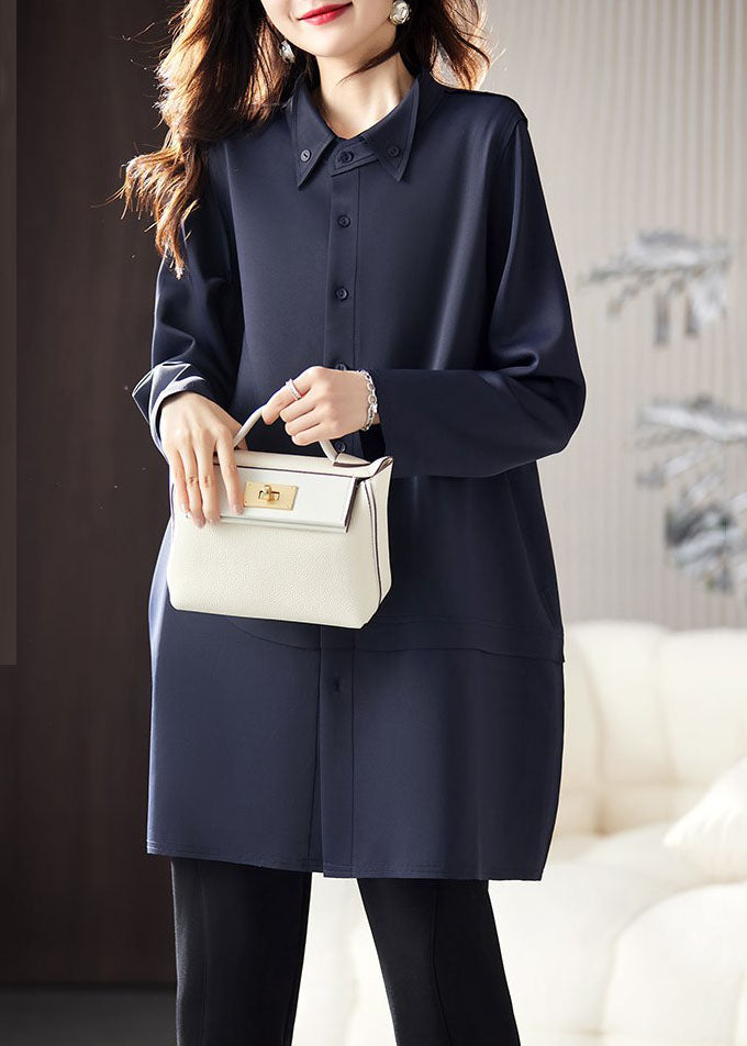 WW | Navy Blue Peter Pan Collar Button Patchwork Coats Long Sleeves