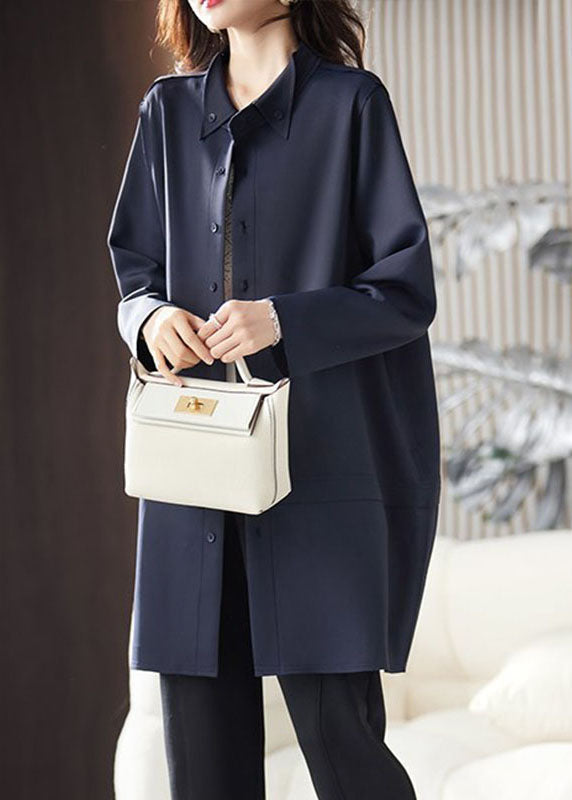 WW | Navy Blue Peter Pan Collar Button Patchwork Coats Long Sleeves