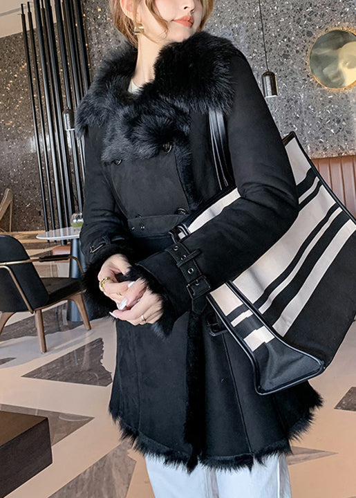 WW | Pink Fur Collar Tie Belt Leather and Fur Coats Winter
