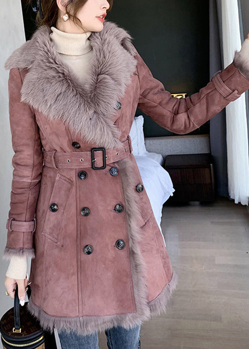 WW | Pinker Pelzkragen Bindegürtel Leder und Pelzmäntel Winter