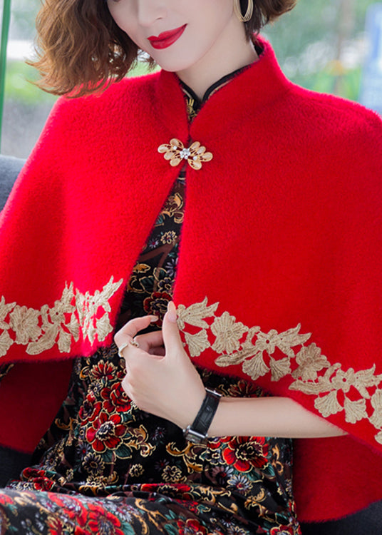 WW | Red Stand-up Collar Embroidered Patchwork Mink Velvet Coats