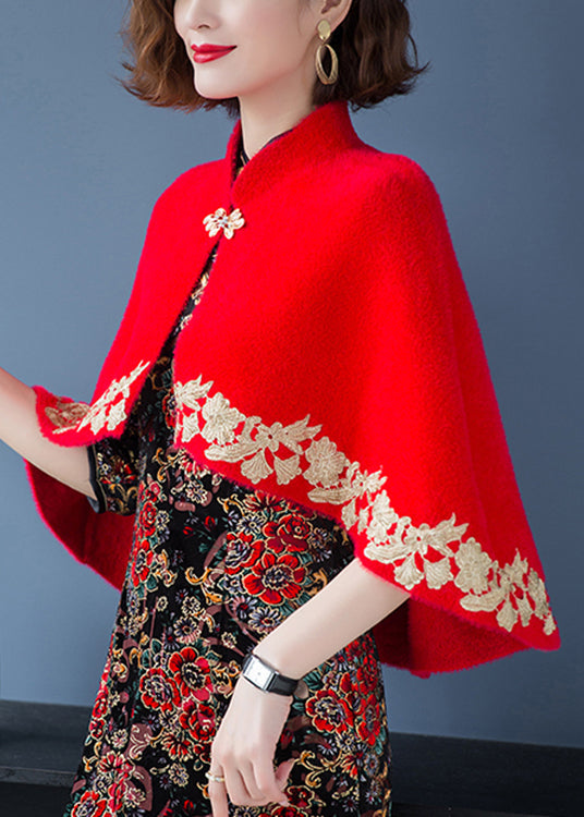 WW | Red Stand-up Collar Embroidered Patchwork Mink Velvet Coats