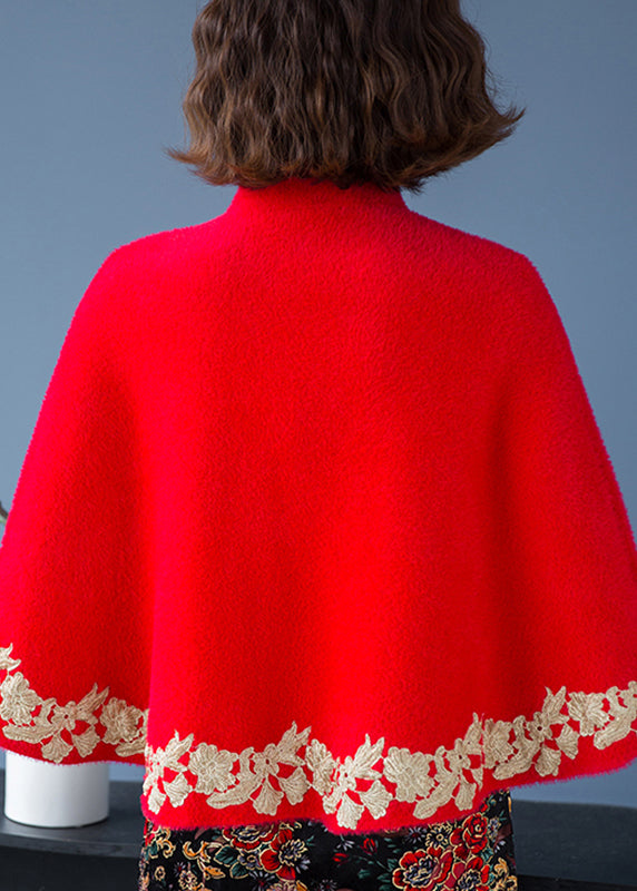 WW | Red Stand-up Collar Embroidered Patchwork Mink Velvet Coats