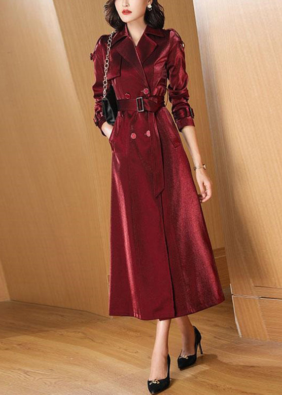 WW | Burgundy Pockets Bow Waist Cotton Long Trench Coats