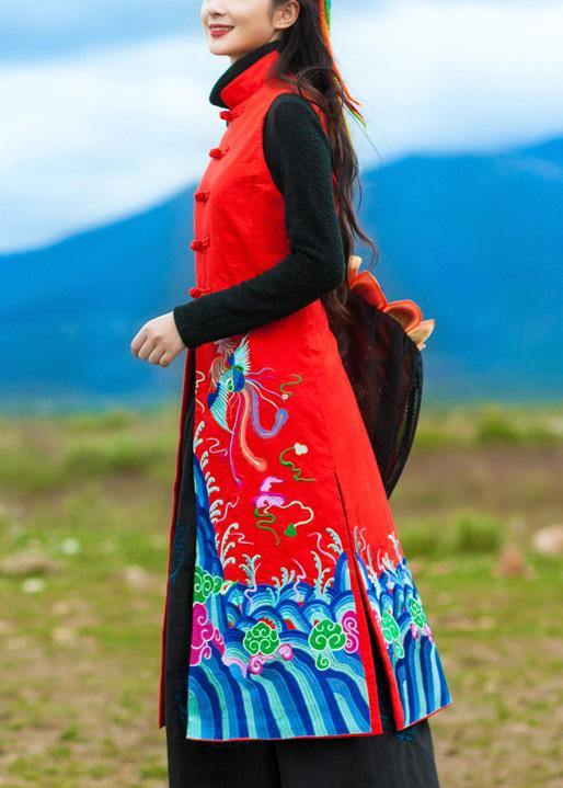 WW | Red Plus Size Long Coats Open Work Side Embroidery Outerwear