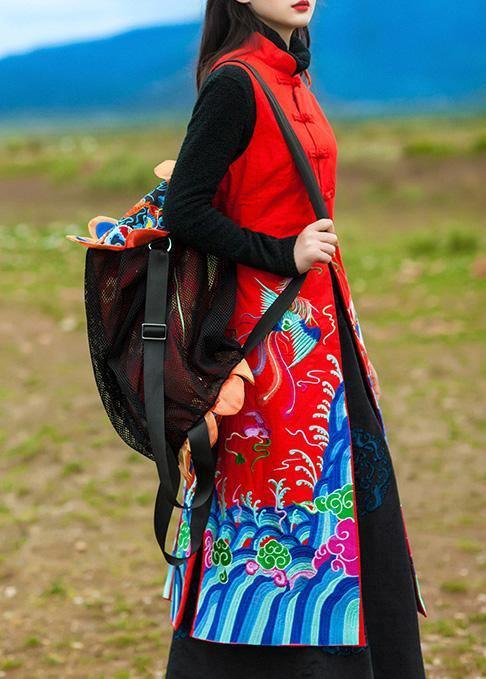 WW | Red Plus Size Long Coats Open Work Side Embroidery Outerwear