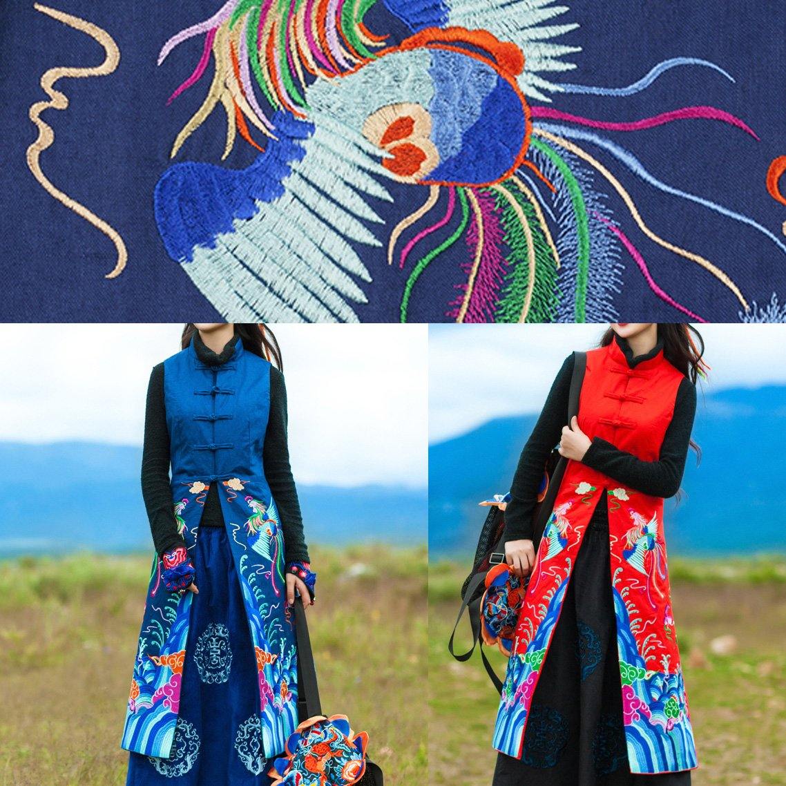 WW | Red Plus Size Long Coats Open Work Side Embroidery Outerwear