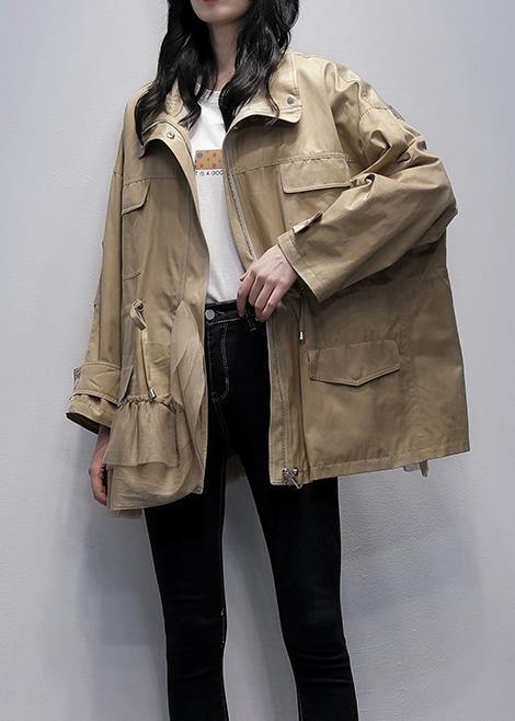 WW | Stand-Up Collar Fashion Outerwear Khaki Patchwork Tulle Loose Coats