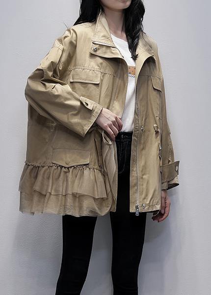 WW | Stehkragen Mode Oberbekleidung khaki Patchwork Tüll lockere Mäntel