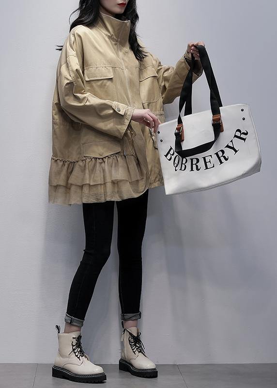 WW | Stehkragen Mode Oberbekleidung khaki Patchwork Tüll lockere Mäntel