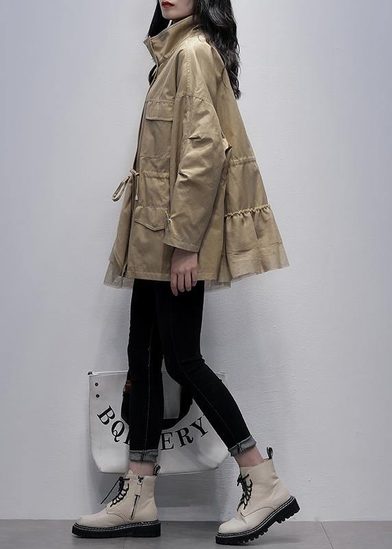 WW | Stand-Up Collar Fashion Outerwear Khaki Patchwork Tulle Loose Coats
