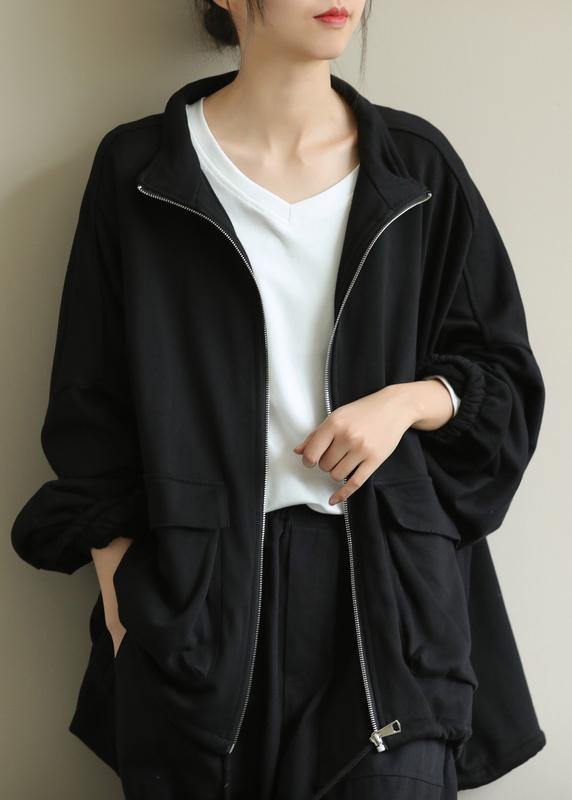 WW | Stand Collar Zipper Fashion Clothing for Women Black Midi Ladies' Coats