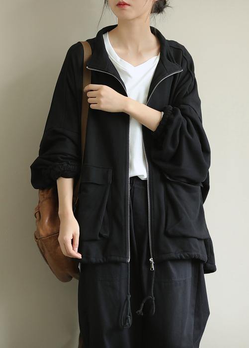 WW | Stand Collar Zipper Fashion Clothing for Women Black Midi Ladies' Coats