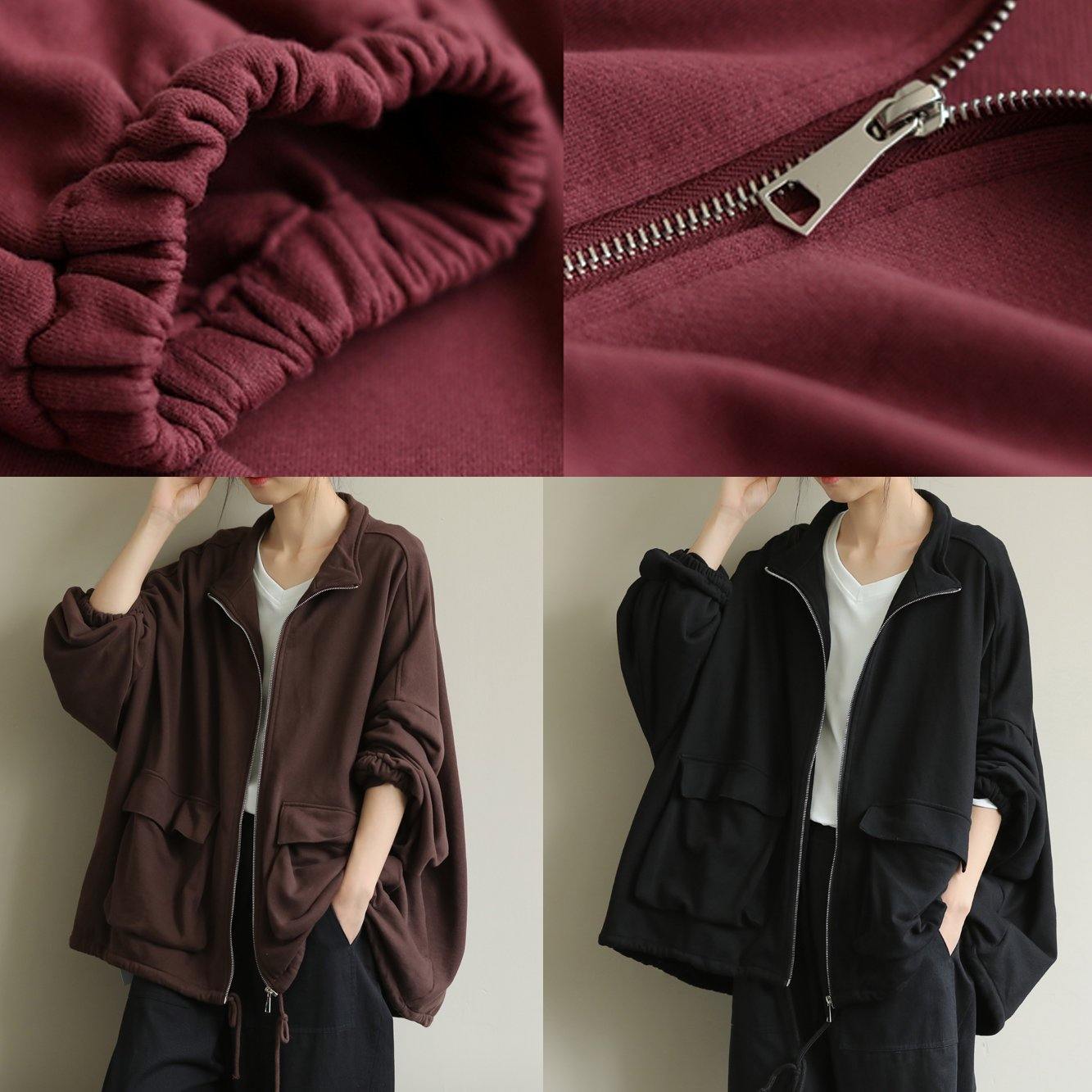 WW | Stand Collar Zipper Fashion Clothing for Women Black Midi Ladies' Coats