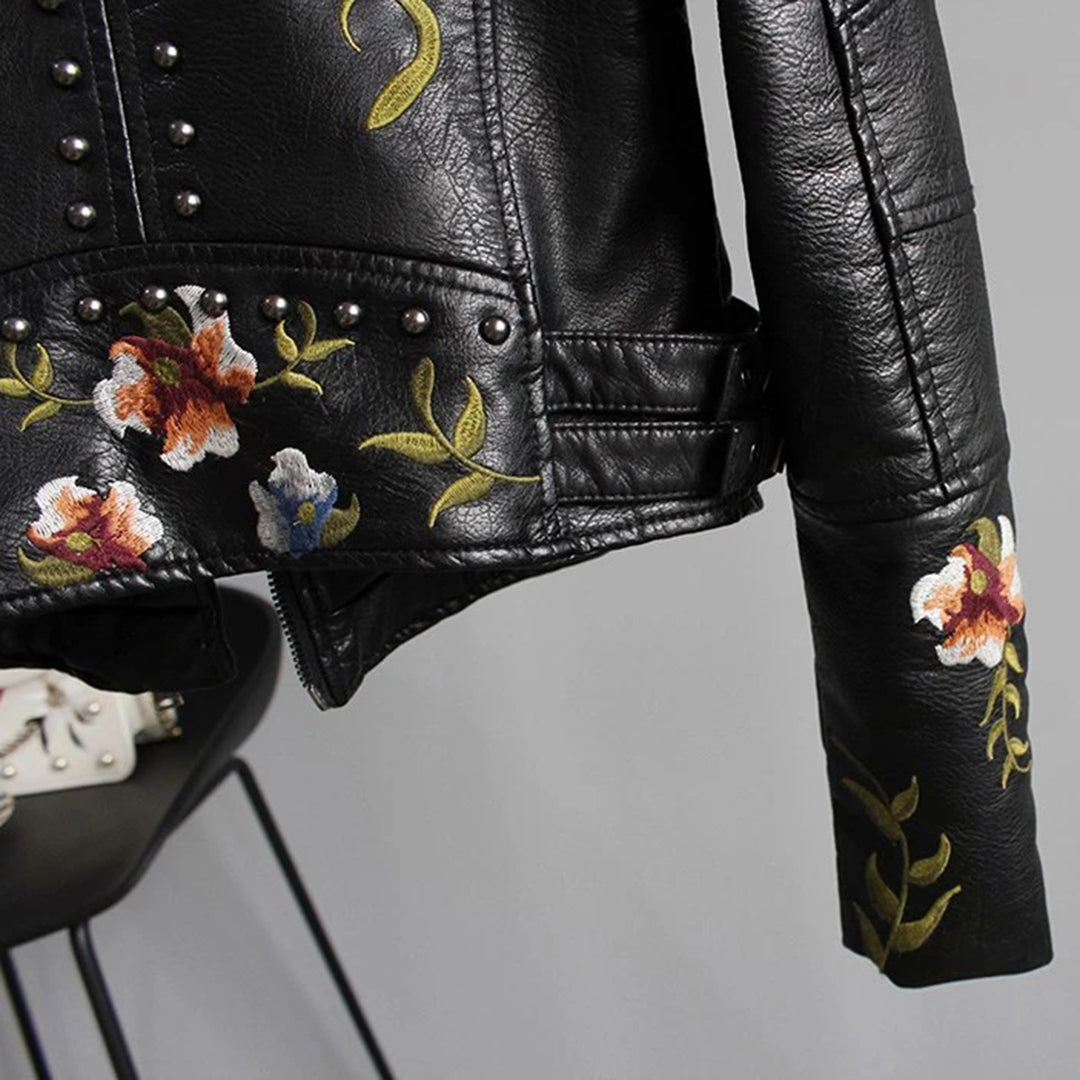WW | Bikerjacke Imitationsleder Florale Stickerei Nieten Details Asymmetrischer Reißverschluss