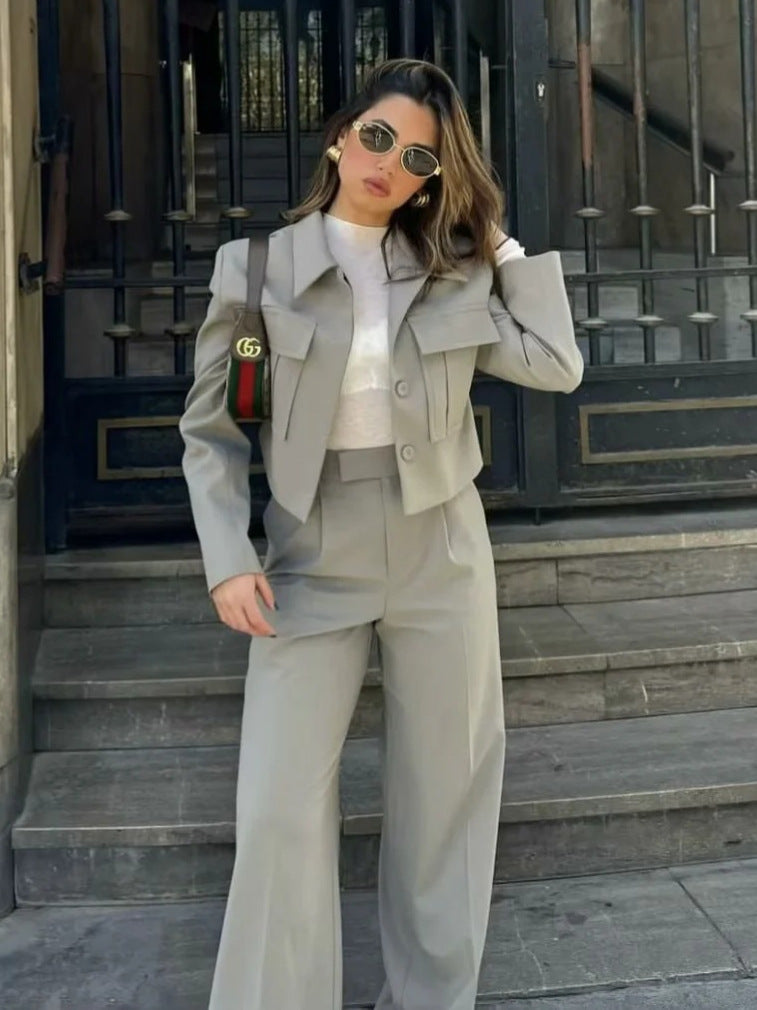 WW | Ord Satz Weite Hosenbeine Hohe Taille Blazer und Hose Satz Damenbekleidung