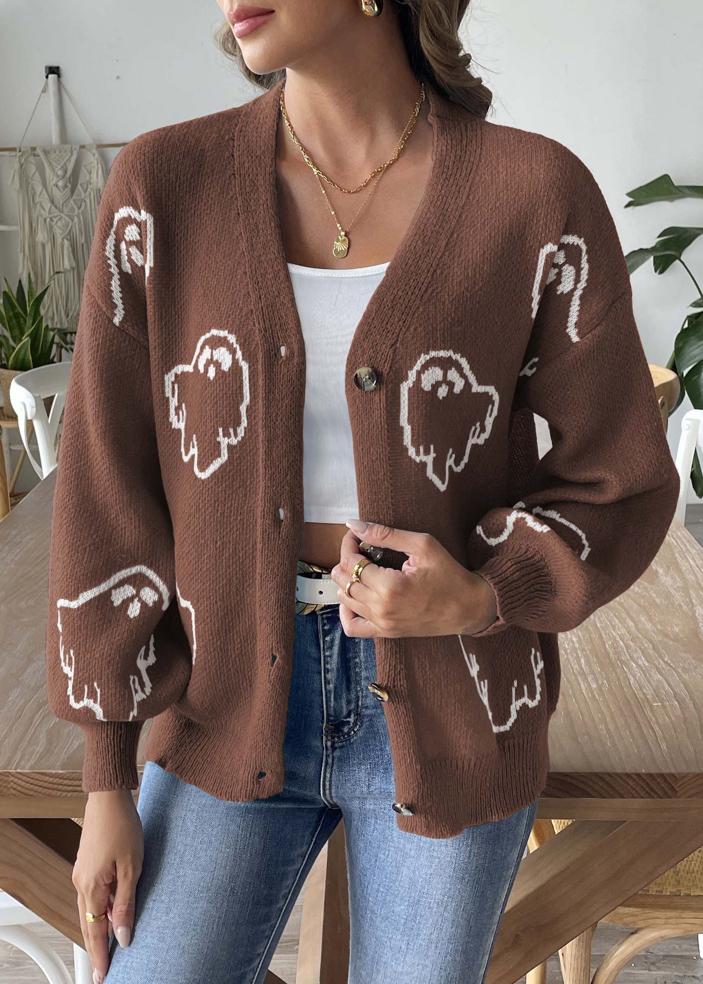WW | Button Patchwork Long Sleeve Knitted Coats