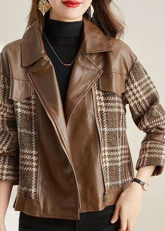 WW | Patchwork Faux Leather Jackets Peter Pan Collar With Zipper