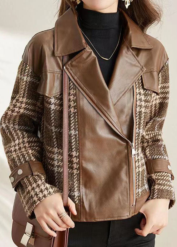 WW | Patchwork Faux Leather Jackets Peter Pan Collar With Zipper