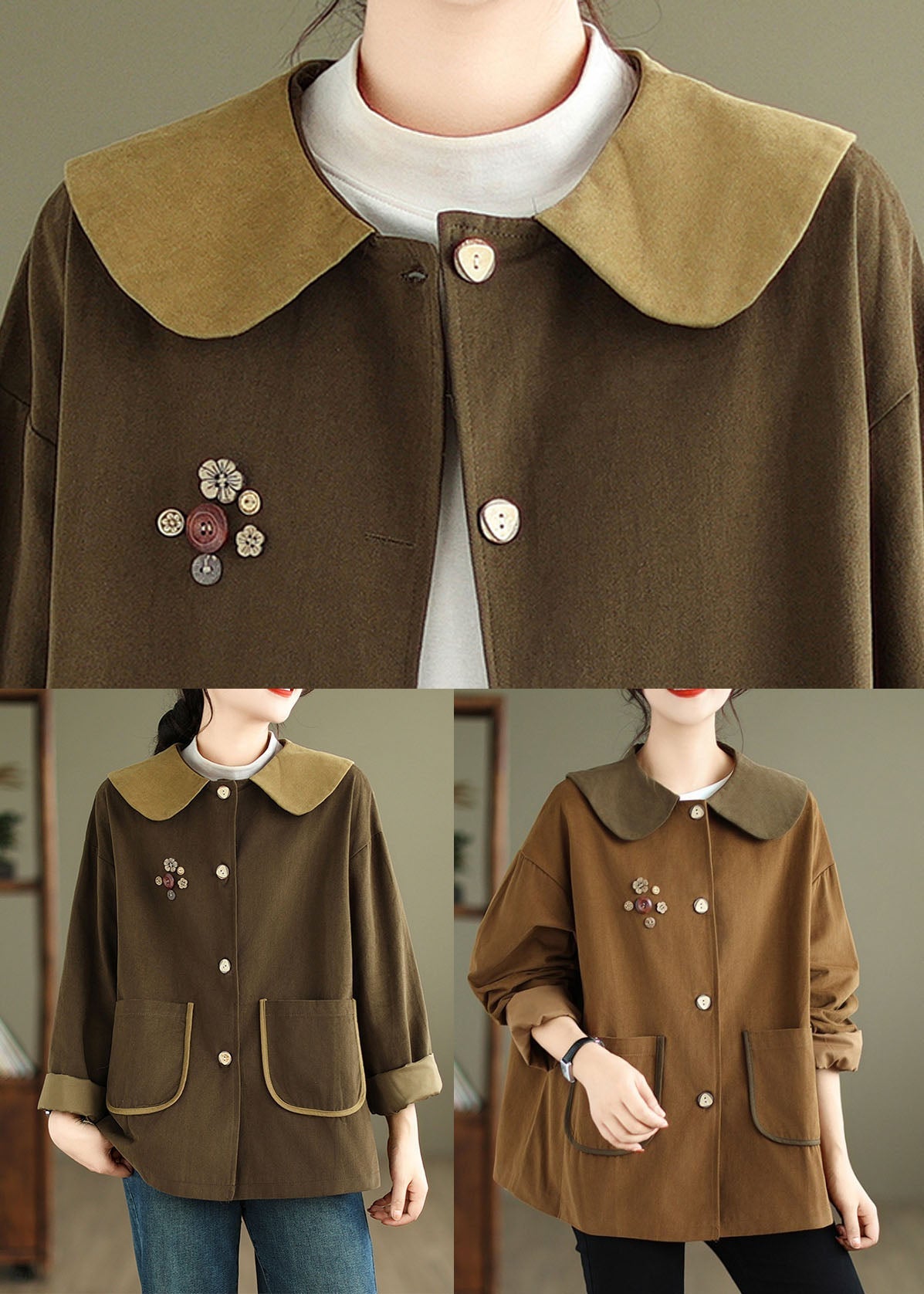 WW | Peter Pan Collar Button Coats Long Sleeves