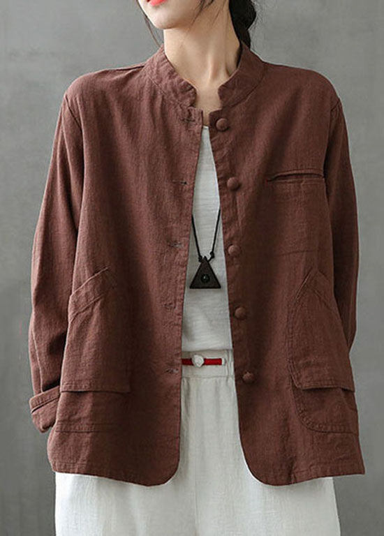 WW | Pocket Patchwork Linen Coats Stand-up Collar Button