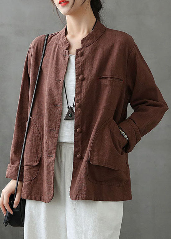 WW | Pocket Patchwork Linen Coats Stand-up Collar Button