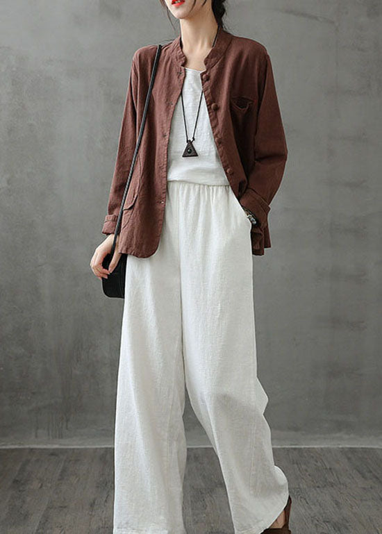 WW | Pocket Patchwork Linen Coats Stand-up Collar Button