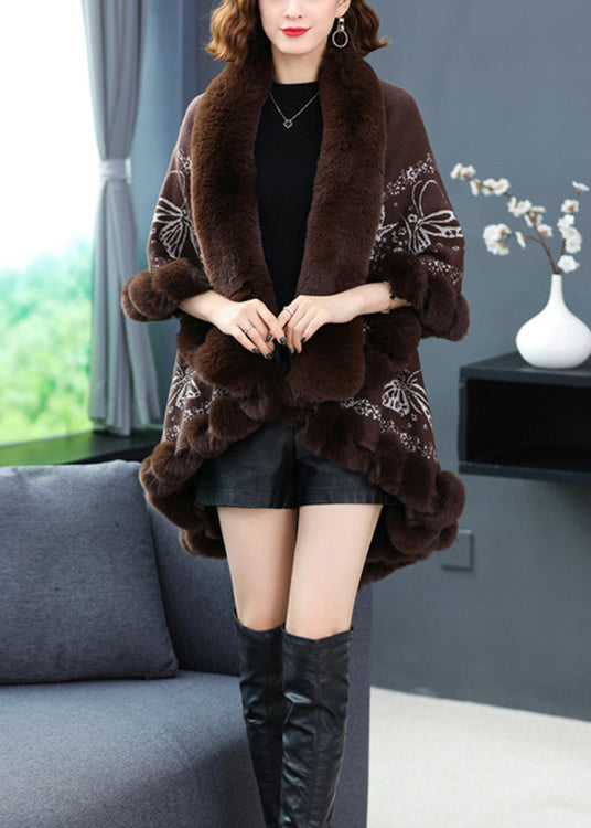 WW | Print Low High Design Patches Wool Coats Fur Collar Batwing Sleeves