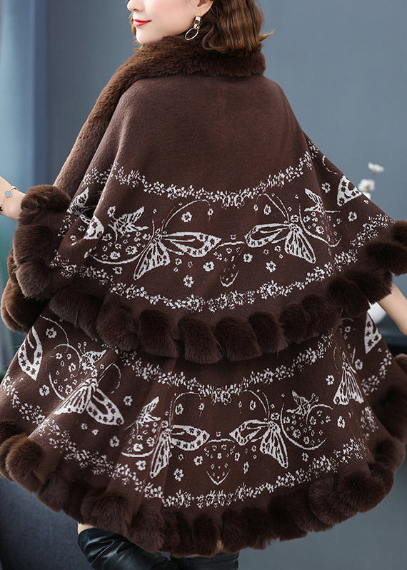 WW | Print Low High Design Patches Wool Coats Fur Collar Batwing Sleeves