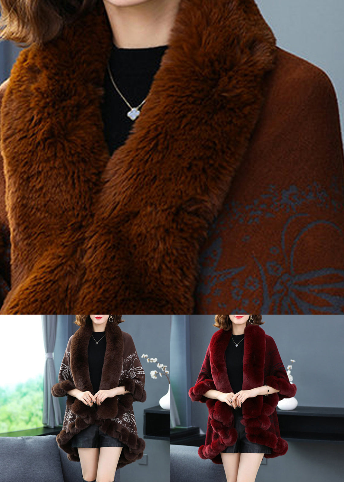 WW | Print Low High Design Patches Wool Coats Fur Collar Batwing Sleeves