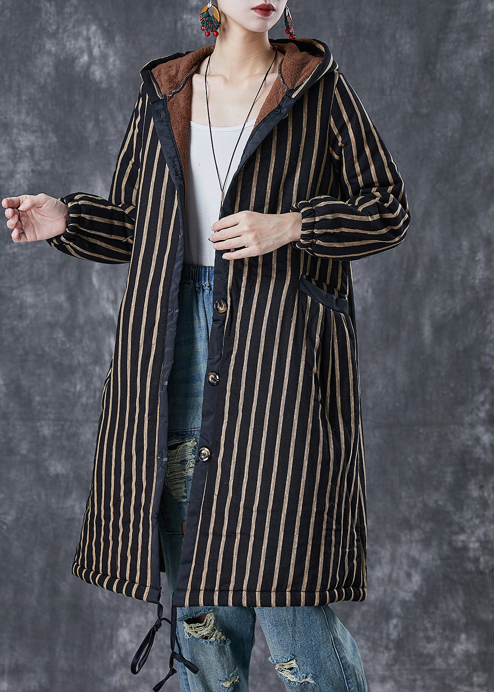 WW | Striped Warm Fleece Hooded Winter Coats