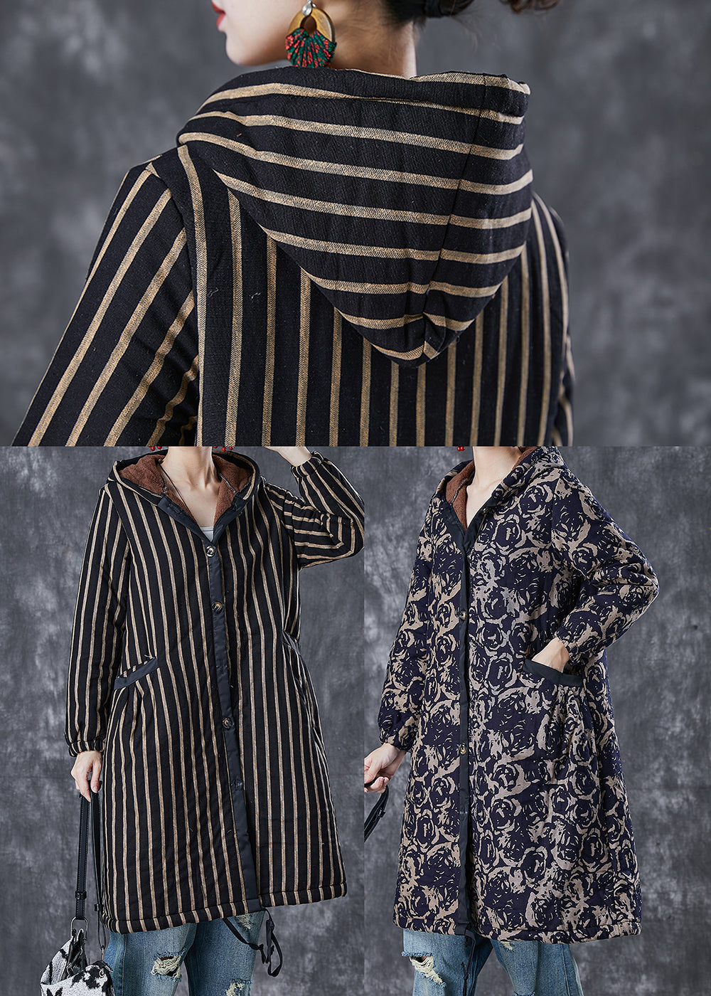 WW | Striped Warm Fleece Hooded Winter Coats