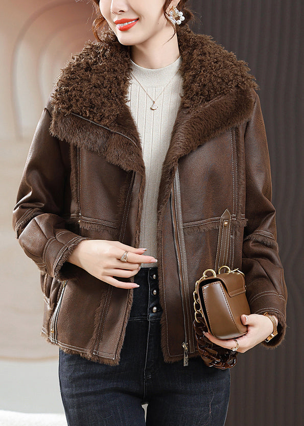 WW | Zipper Patchwork Fuzzy Fur Coats Fur Collar Long Sleeves