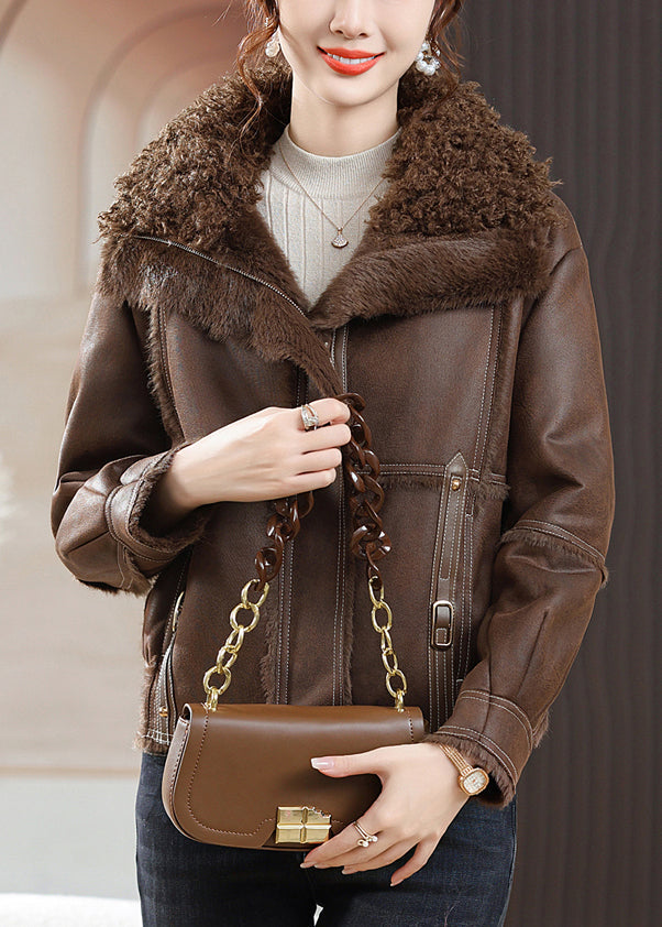 WW | Zipper Patchwork Fuzzy Fur Coats Fur Collar Long Sleeves